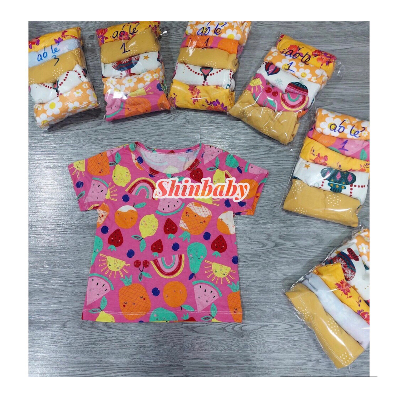 Set 5 áo thun cộc tay cotton hoạ tiết dễ thương vải mềm mát cho bé