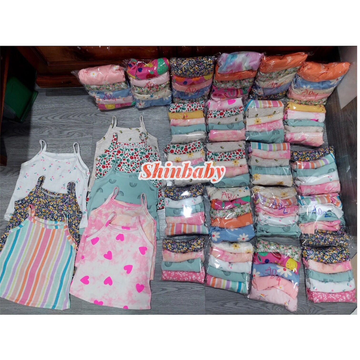 Set 5 áo hai dây cotton xuất dư mềm mát nhiều họa tiết dễ thương cho bé gái