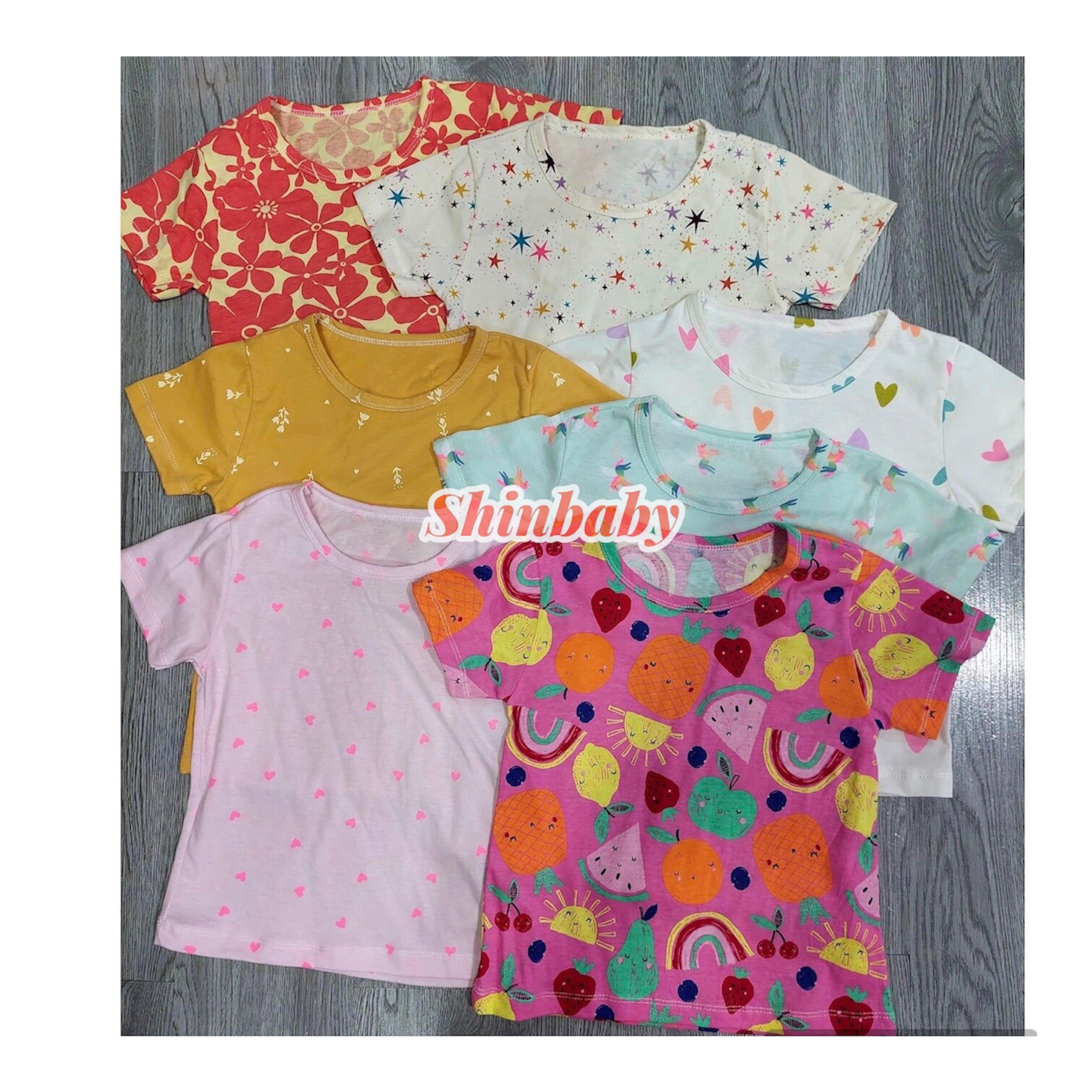 Set 5 áo thun cộc tay cotton hoạ tiết dễ thương vải mềm mát cho bé