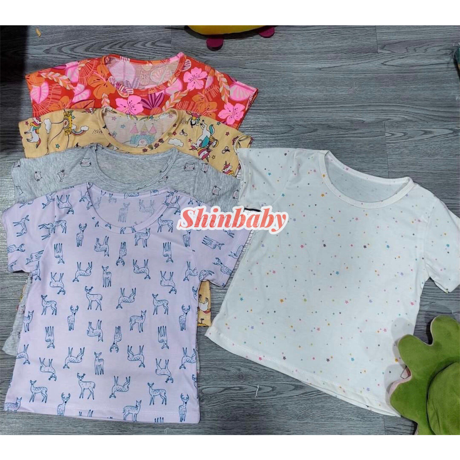 Set 5 áo thun cộc tay cotton hoạ tiết dễ thương vải mềm mát cho bé