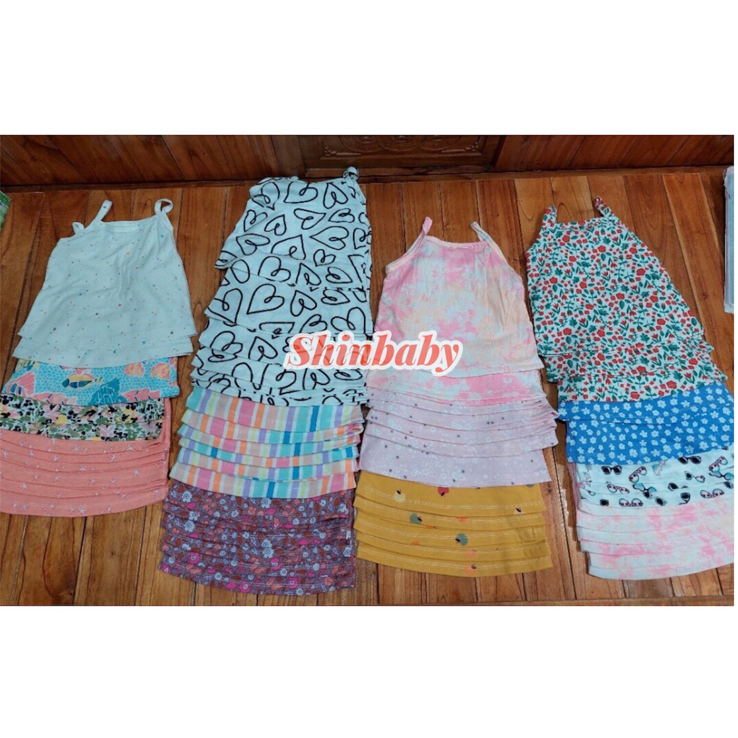 Set 5 áo hai dây cotton xuất dư mềm mát nhiều họa tiết dễ thương cho bé gái