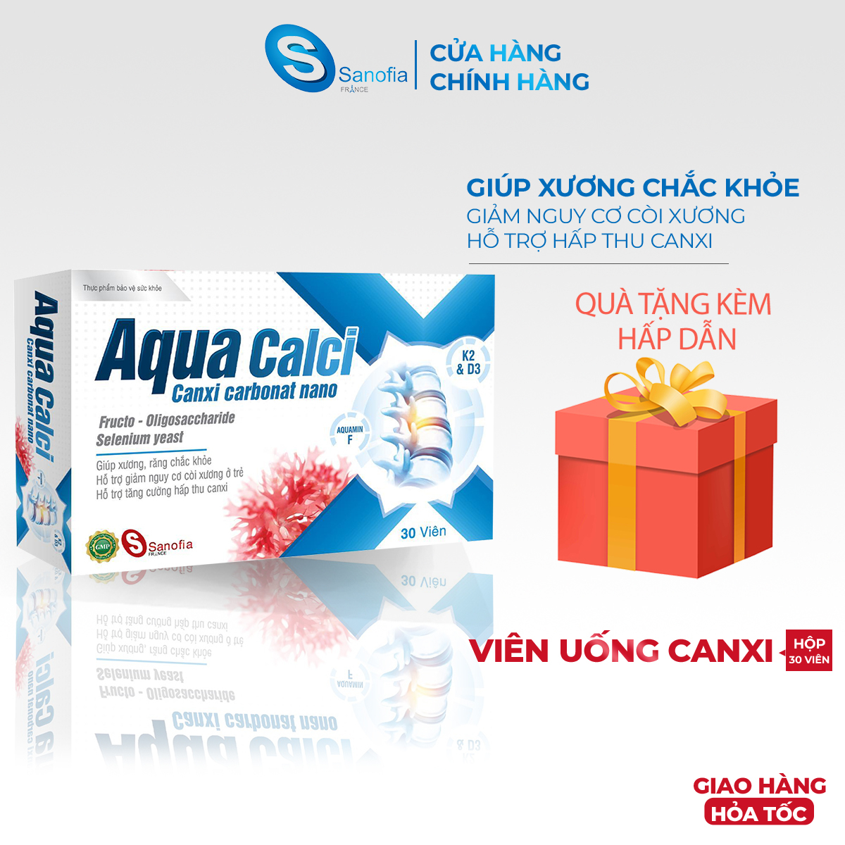 Viên uống Bổ sung canxi Aqua Calci Hộp 30 viên và vitamin D3 Giúp chắc xương, răng chắc khỏe phát triển chiều cao