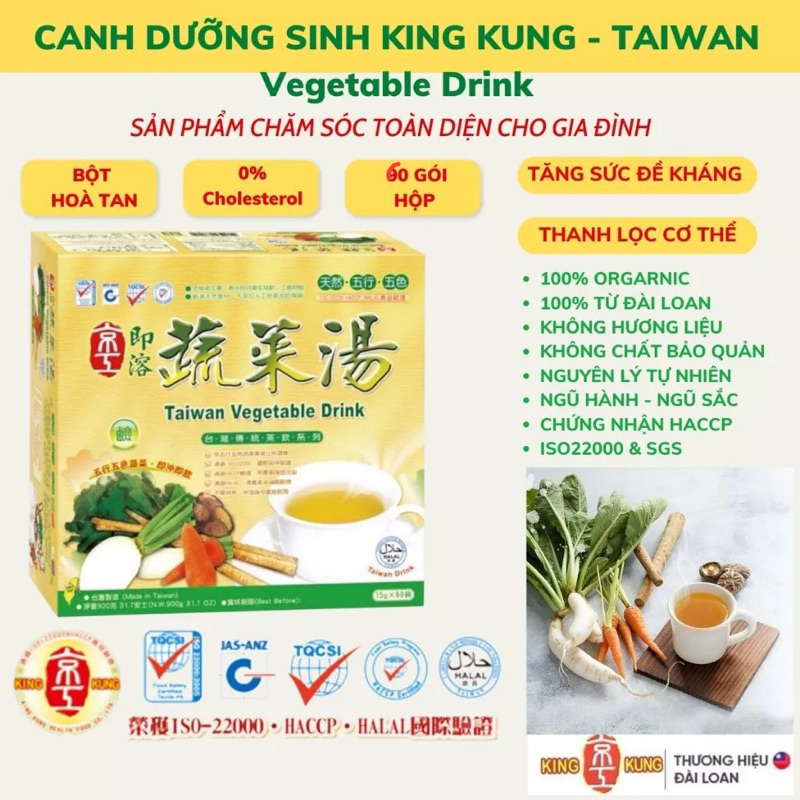 Canh dưỡng sinh Đài Loan - Vegetable Drink King Kung tăng sức đề kháng tốt cho sức khoẻ 30 & 60 gói /Hộp