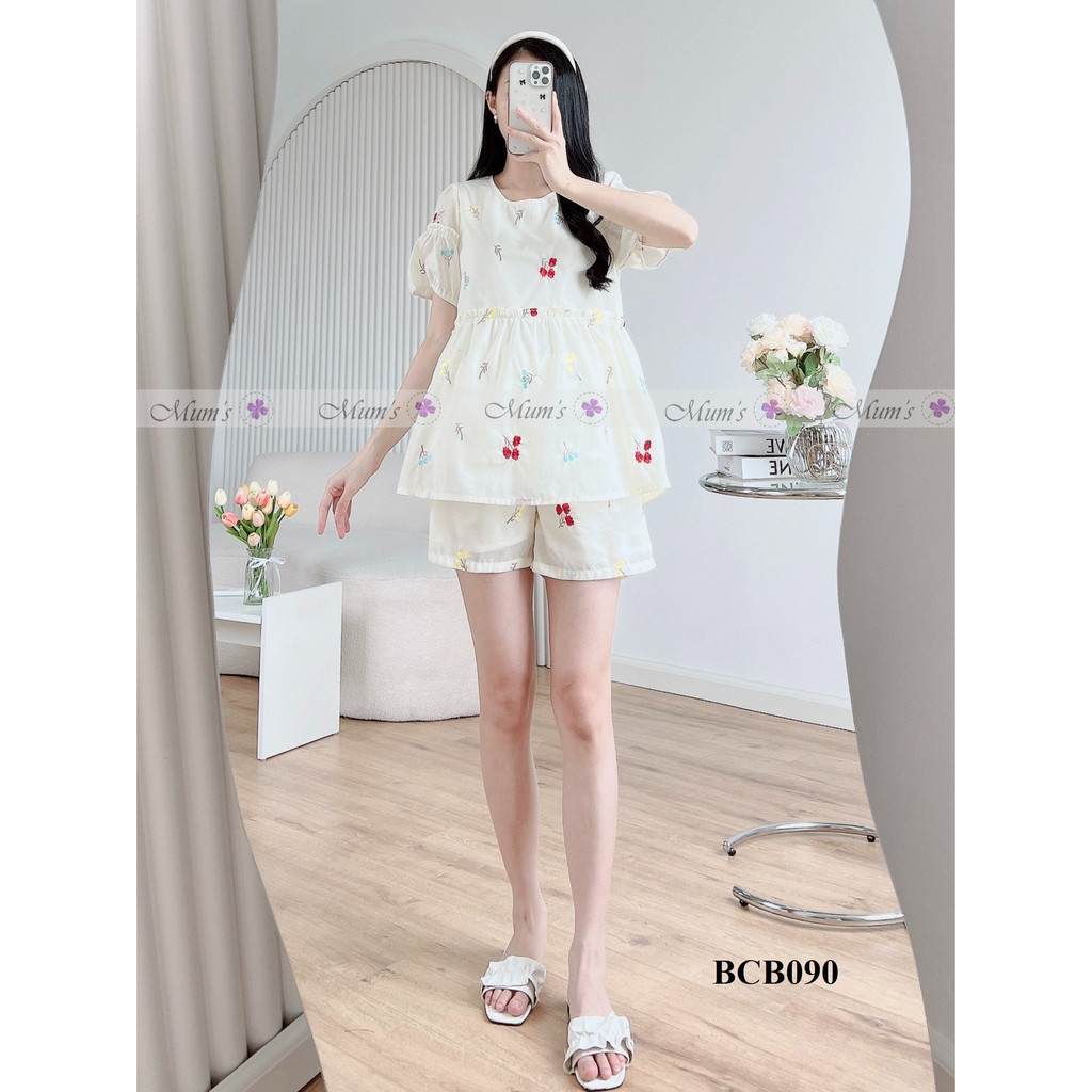 "Đồ bộ mặc bầu và sau sinh 🚛FREESHIP🚛BCB090- Bộ đũi kem thêu hoa