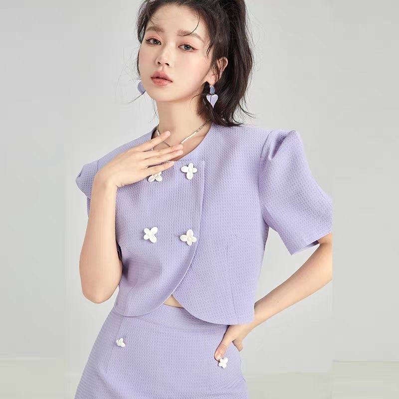 Set đầm vest tím công sở đính hoa trắng