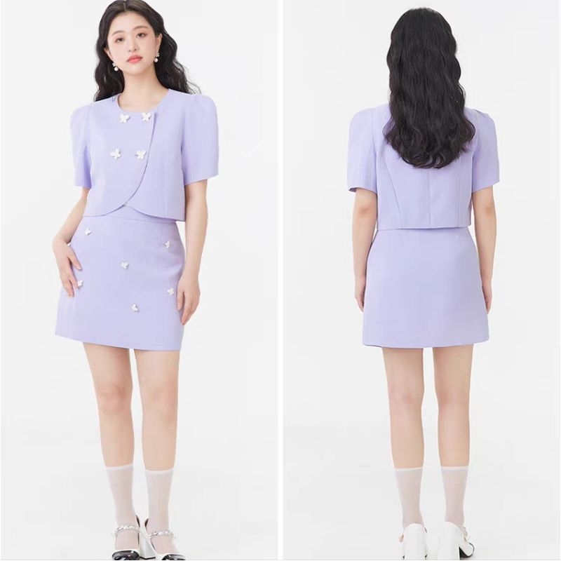 Set đầm vest tím công sở đính hoa trắng