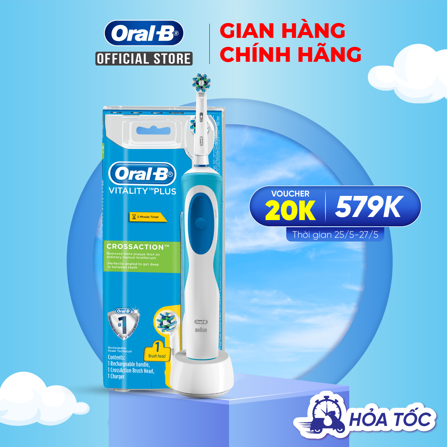 Bàn chải đánh răng điện Oral-B Vitality CrossAction Blue D12.513- Hàng chính hãng 100% Bảo hành 24 tháng