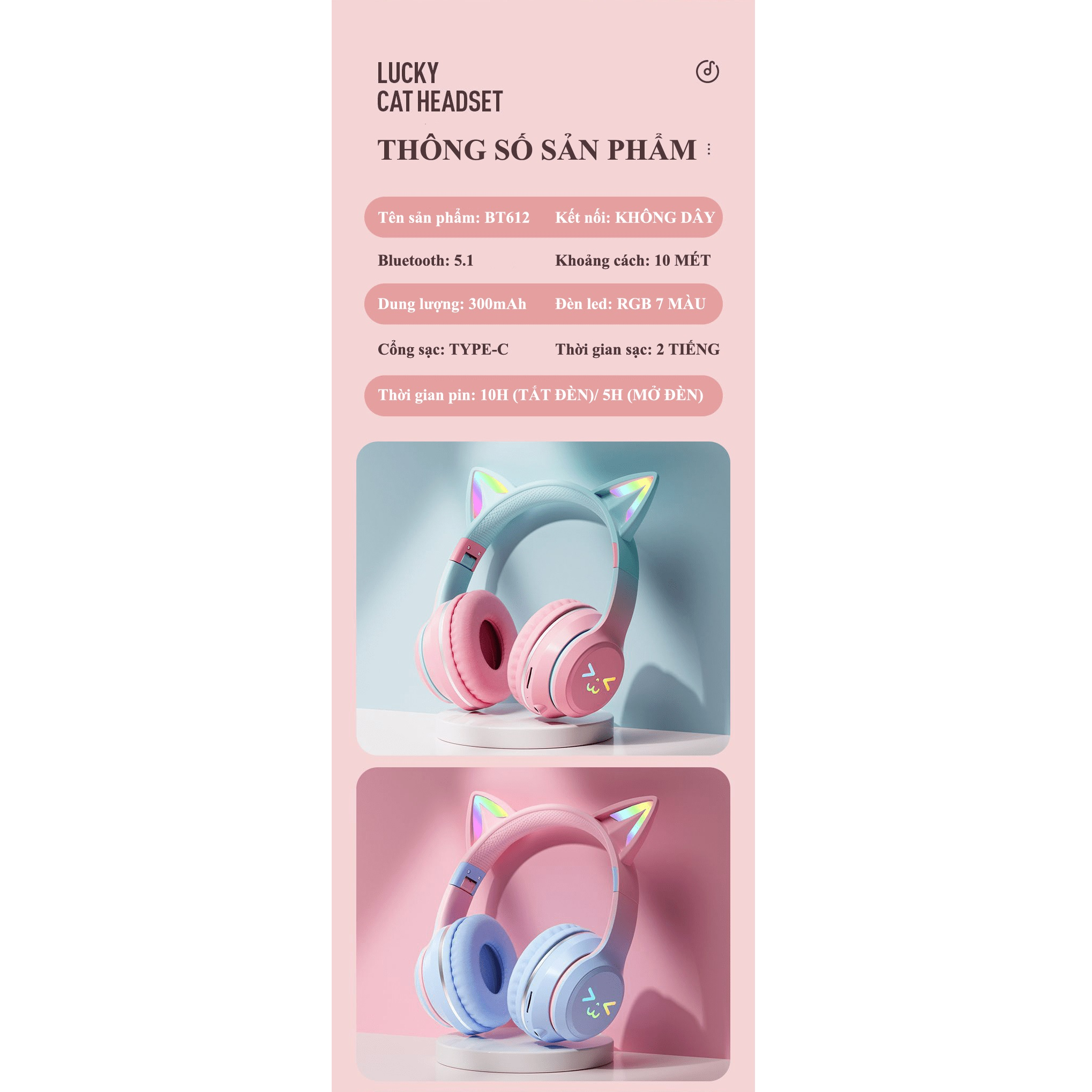 Tai nghe chụp tai BT612 kết nối Bluetooth thiết kế tai mèo dễ thương có thể gấp gọn tiện lợi - HT