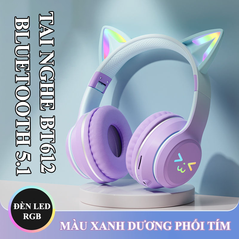 Tai nghe chụp tai BT612 kết nối Bluetooth thiết kế tai mèo dễ thương có thể gấp gọn tiện lợi - HT