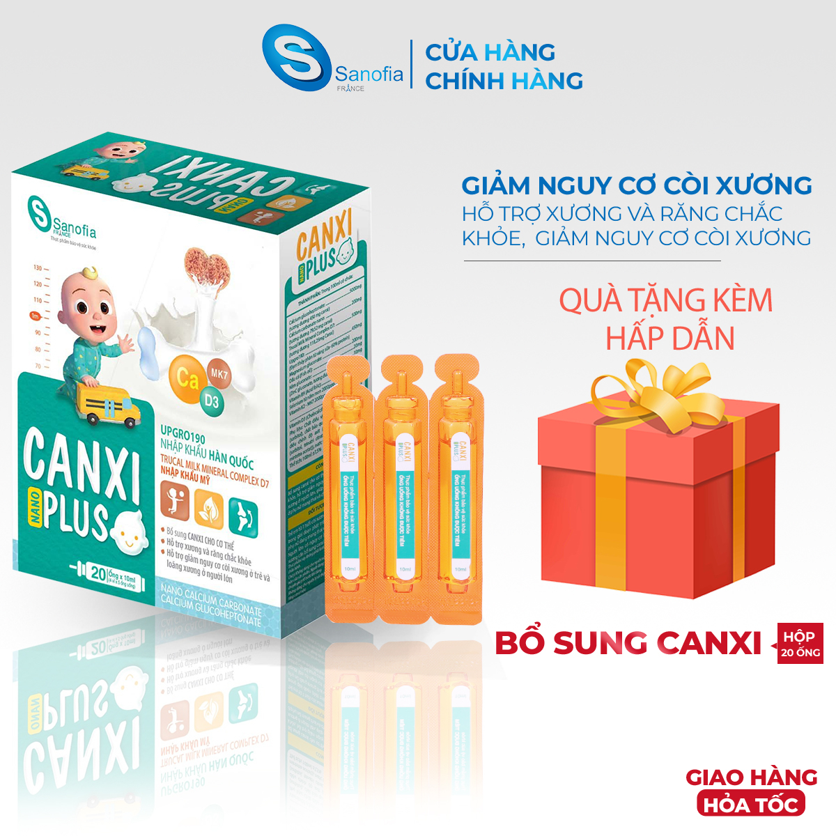 Bổ sung Canxi Nano Plus 20 ống và tăng sức đề kháng với Kẽm, Magie, Vitamin D3, Vitamin K2 Hộp từ calci Hàn Quốc