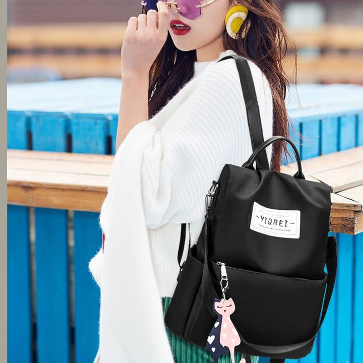 Balo Nữ Thời Trang Vải Dù Chống Thấm Nước Tặng Móc Khóa Mèo Dễ Thương/