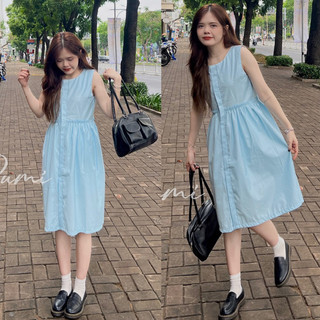 Đầm sát nách cổ tròn màu xanh dương cài nút eo nhún bèo freesize Pumi 14483