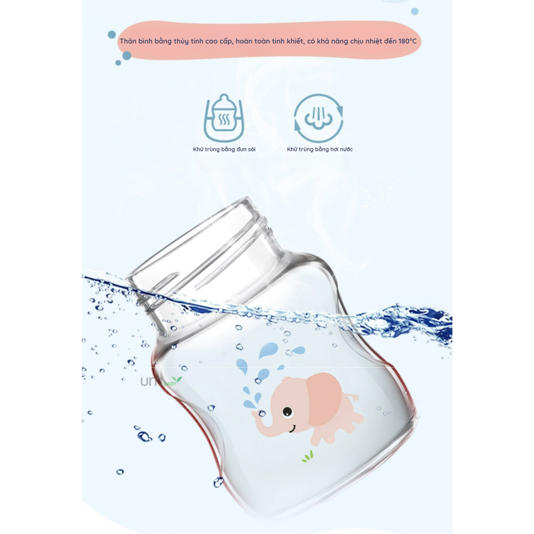 Bình sữa thủy tinh tự nhiên cổ rộng PHILIPS AVENT hình voi con màu hồng 120ml /4oz