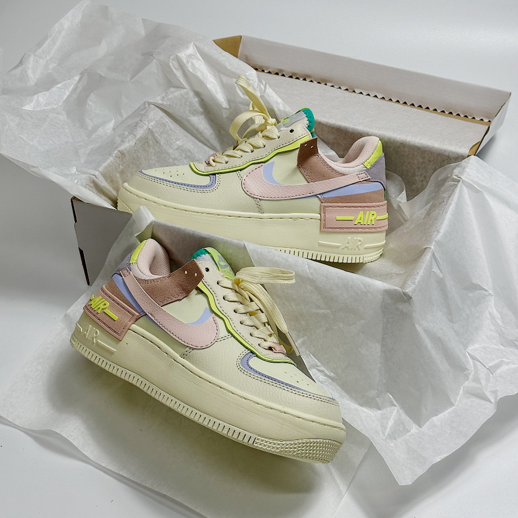 Giày Thể Thao Sneaker Air Force One AF1 Shadow Màu Be Vàng Móc Hồng Xanh Gót Hồng Đế Cao Cho Nam Nữ