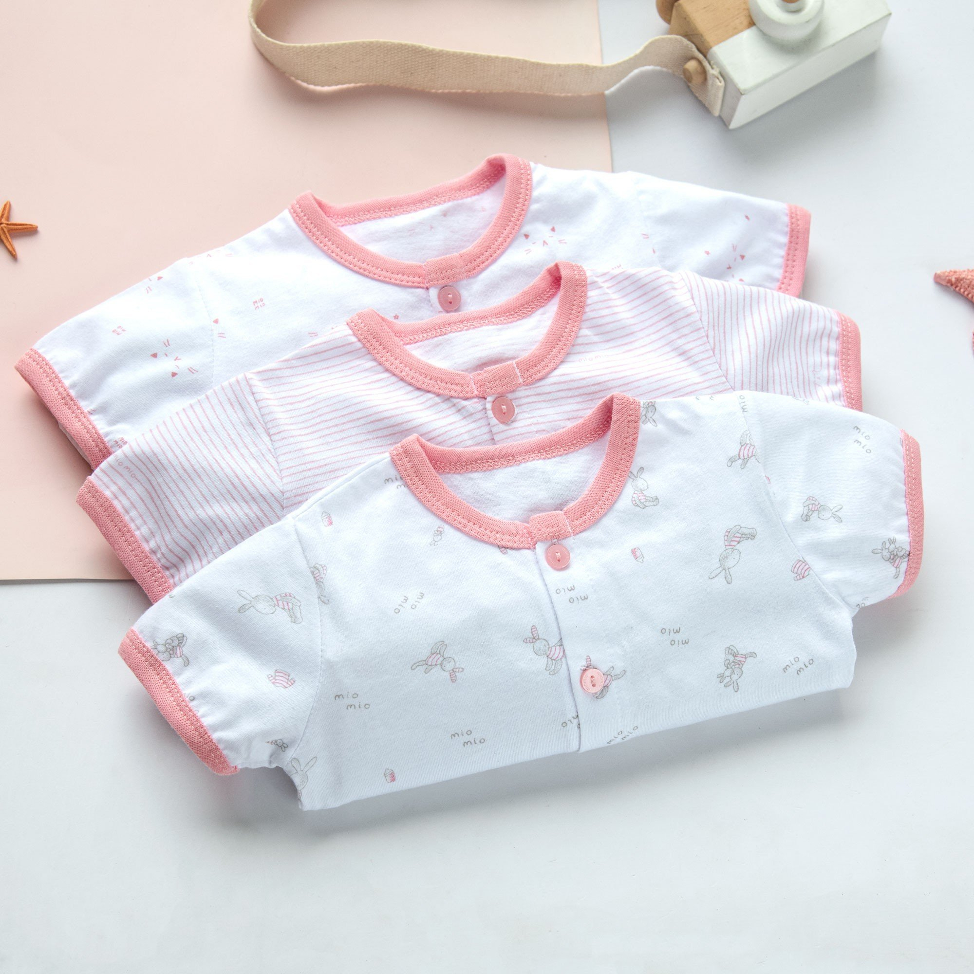 Combo 3 Áo Tay Cộc Sơ Sinh MIOMIO, Họa Tiết: Thỏ, Sọc, Mèo, Cho Bé Trai, Bé Gái (Từ 0 - 24 Tháng), Vải Cotton