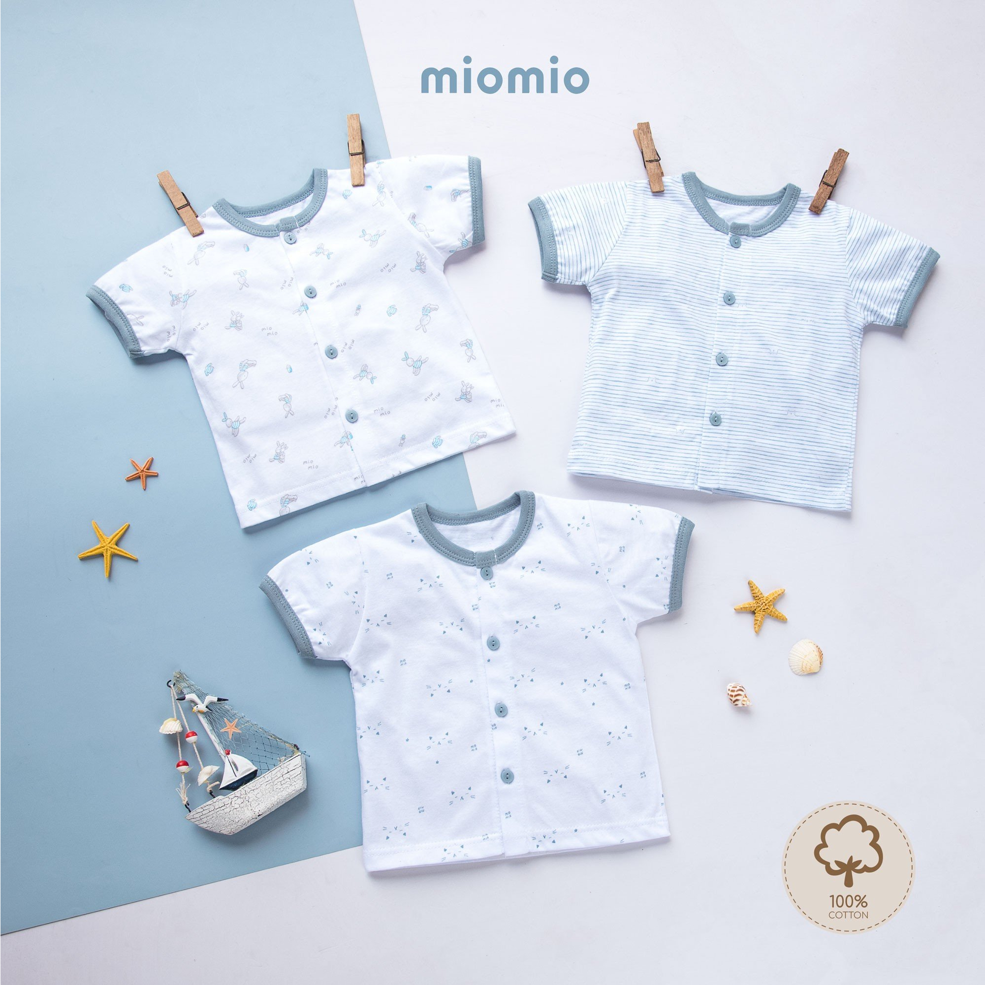 Combo 3 Áo Tay Cộc Sơ Sinh MIOMIO, Họa Tiết: Thỏ, Sọc, Mèo, Cho Bé Trai, Bé Gái (Từ 0 - 24 Tháng), Vải Cotton