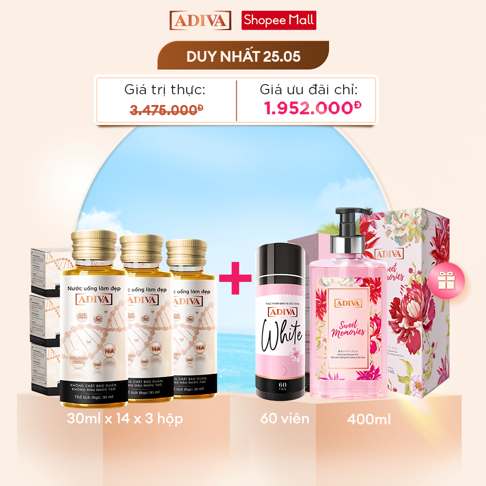 Combo 3 Hộp Collagen ADIVA (14 Chai/Hộp) Tặng Combo Viên Uống Trắng Da White 60 Viên + 1 Sữa Tắm Sweet Memories 400ml