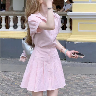 Váy đầm sơ mi ngắn tay màu hồng pastel kẻ sọc NASINN