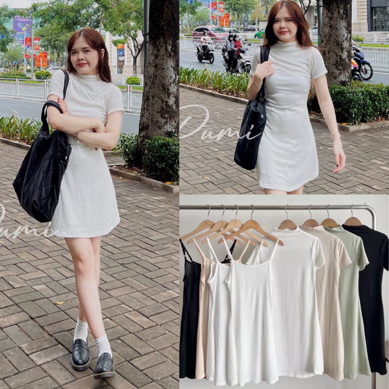 Set đầm thun nhăn tay ngắn cổ trụ 2s lót trong 4 màu freesize Pumi 14465