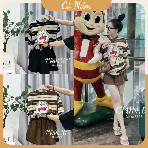 Set Bộ Đồ Nữ Áo Phông Ngắn Tay Kẻ In Hình Doremon Mix Quần Sooc Đùi Vạt Lượn Freesize