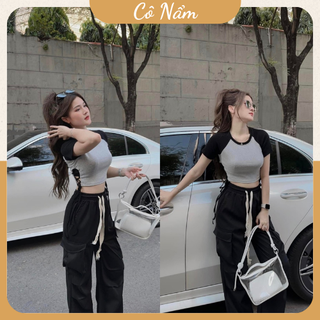 Set bộ đồ nữ áo croptop phối màu đen ghi thắt dây eo mix quần bom túi hộp freesize