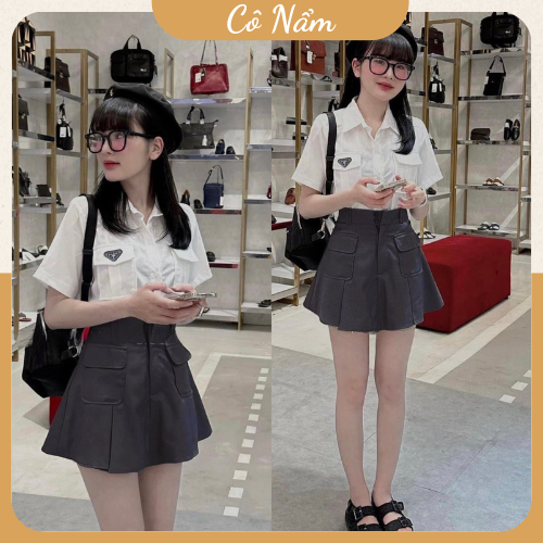 Set Bộ Đồ Nữ Áo Sơ Mi Ngắn Tay Prada Túi Nắp Trước Ngực Mix Chân Váy Nắp Túi Dáng Xoè Siêu Xinh