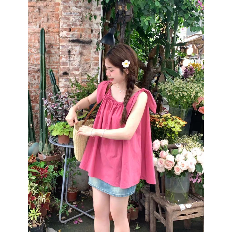 Áo hai dây thắt nơ vai form rộng mặc đi biển siêu xinh