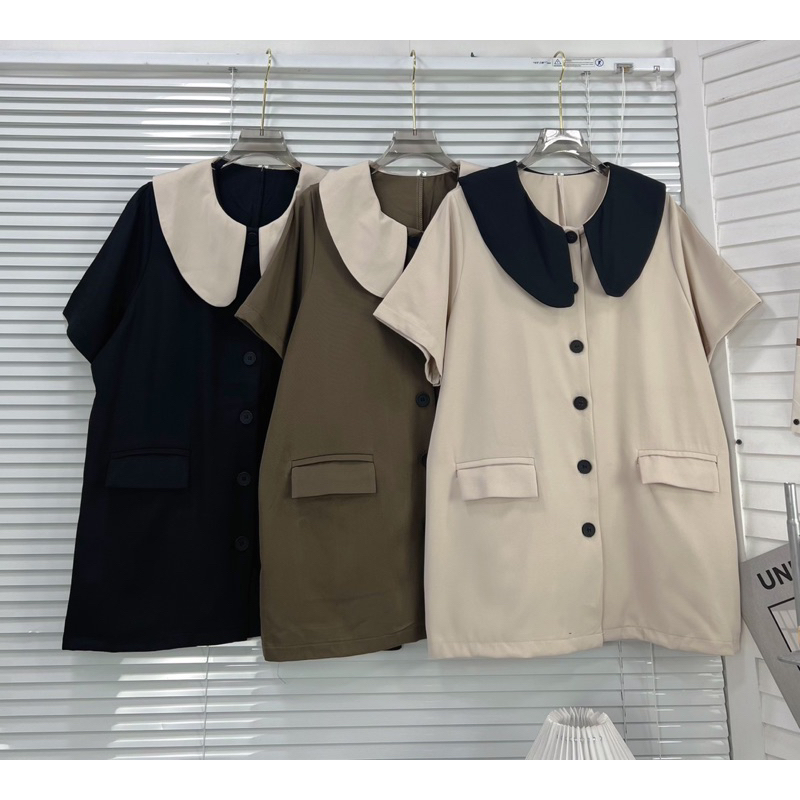 Áo suông ngắn tay dáng dài cổ sen 2 túi Quỳnh vintage