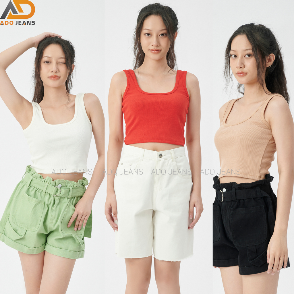 Áo croptop nữ kiểu hai dây bản to cổ vuông, form ôm chất borip siêu mềm mịn ADO JEANS Mã CR1603