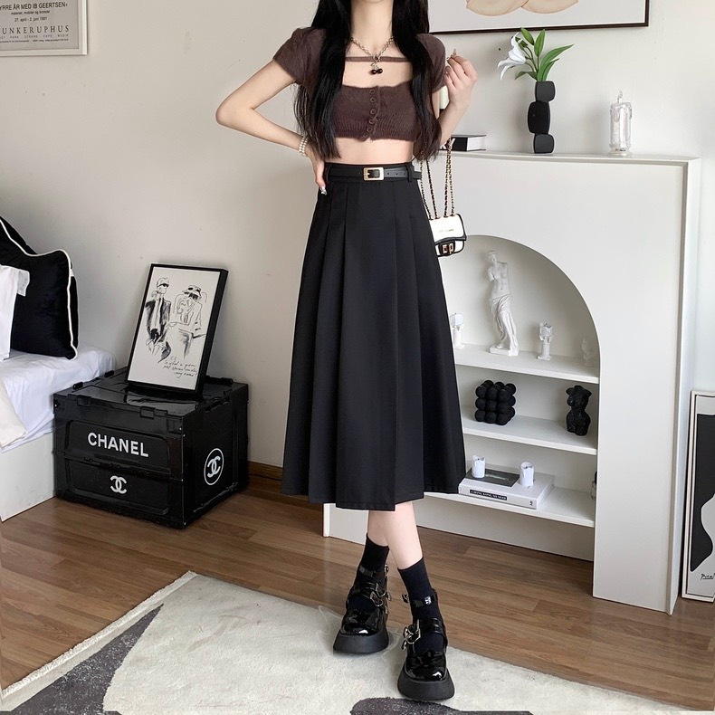 Chân váy nữ Bigsize 45-85kg nhà MÚP dáng dài chữ A gập ly, có túi, cạp chun co giãn  chất goll Nhật phong cách  HQ