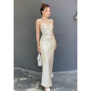 Đầm lụa cổ đỗ dây đan lưng Mevauyen
