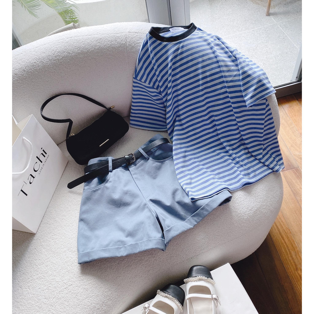 SET ÁO THUN SỌC XANH + SHORT XANH KÈM BELT