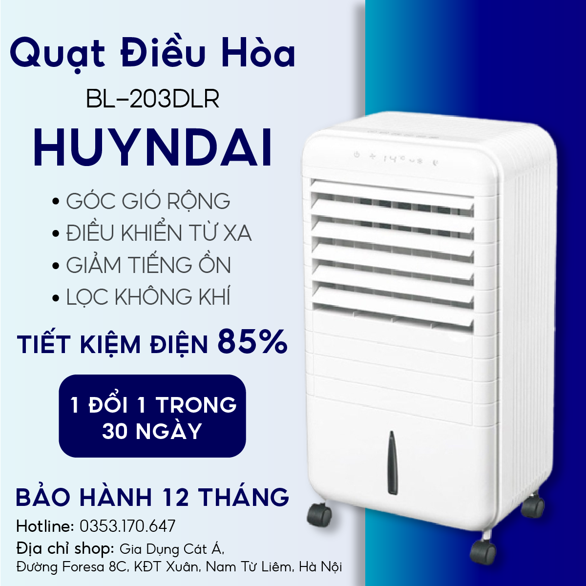 Quạt điều hòa hơi nước điều khiển từ xa HYUNDAI - BL-203DLR, công suất 80W, hàng chính hãng - TẶNG 2 CHAI ĐÁ KHÔ