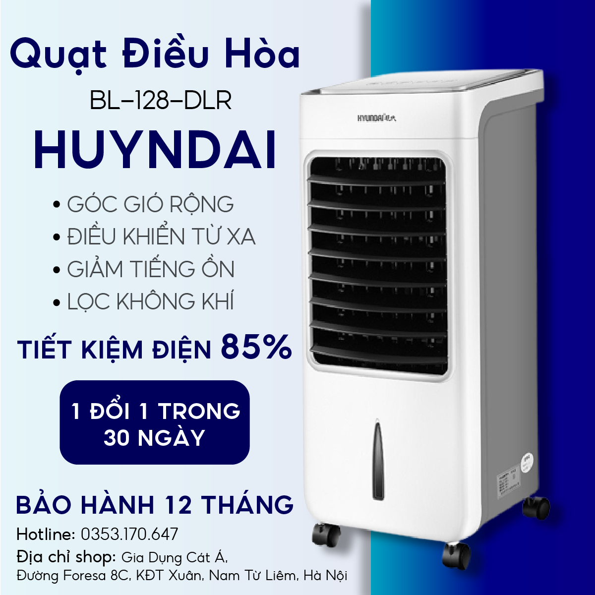 Mã BL-128DLR Quạt điều hòa hơi nước Huyndai Quạt làm mát Máy làm mát không khí - Hàng chính hãng Bảo hành 12 tháng