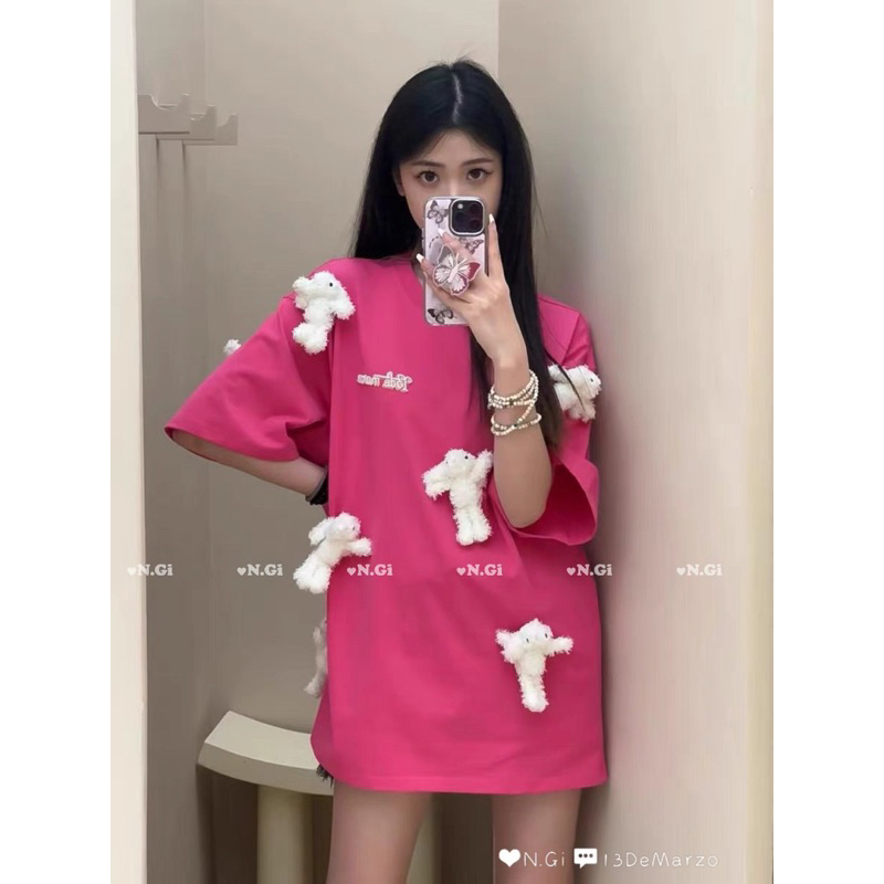 Áo phông 13de marzo đính nhiều gấu bông lưng chữ lông