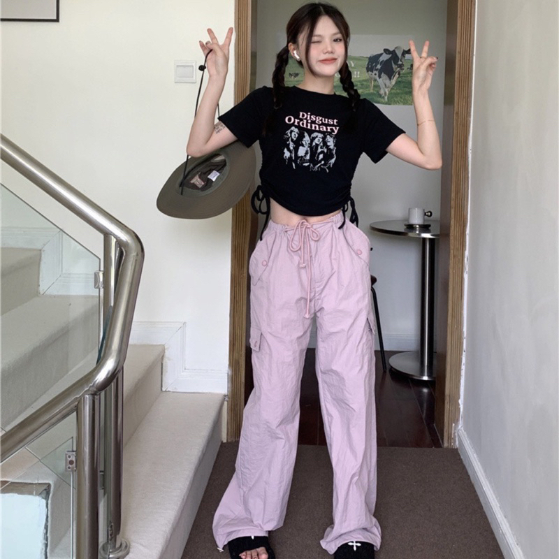 Áo Kiểu Croptop Màu Đen In Hình Hoạ Tiết Thiết Kế Phối Dây Rút Eo Kèm Ảnh Thật