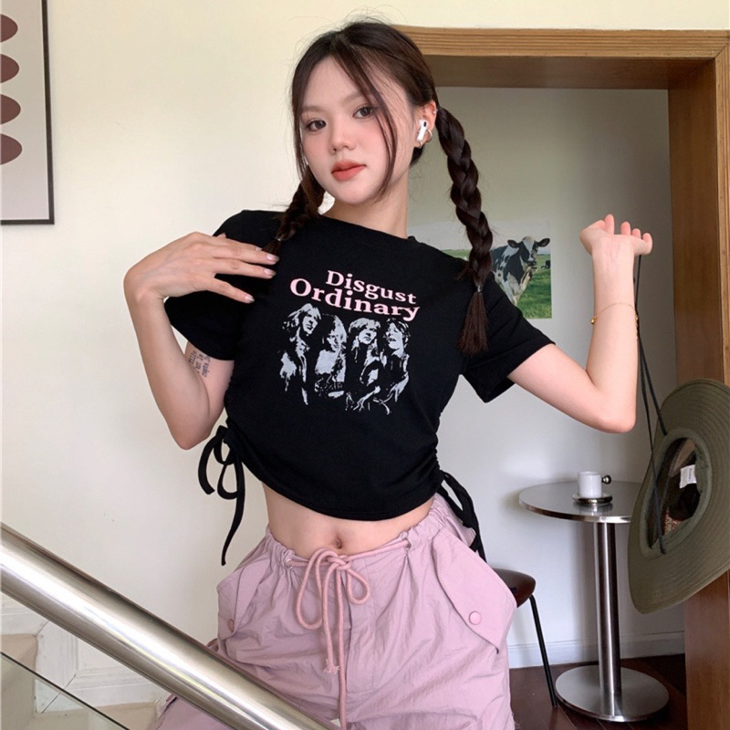 Áo Kiểu Croptop Màu Đen In Hình Hoạ Tiết Thiết Kế Phối Dây Rút Eo Kèm Ảnh Thật
