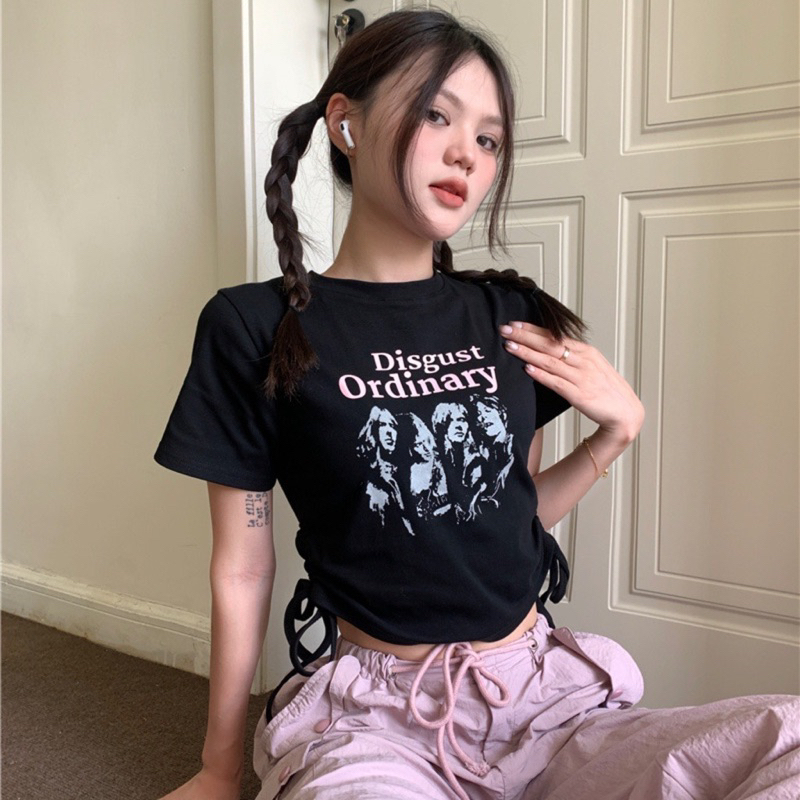 Áo Kiểu Croptop Màu Đen In Hình Hoạ Tiết Thiết Kế Phối Dây Rút Eo Kèm Ảnh Thật