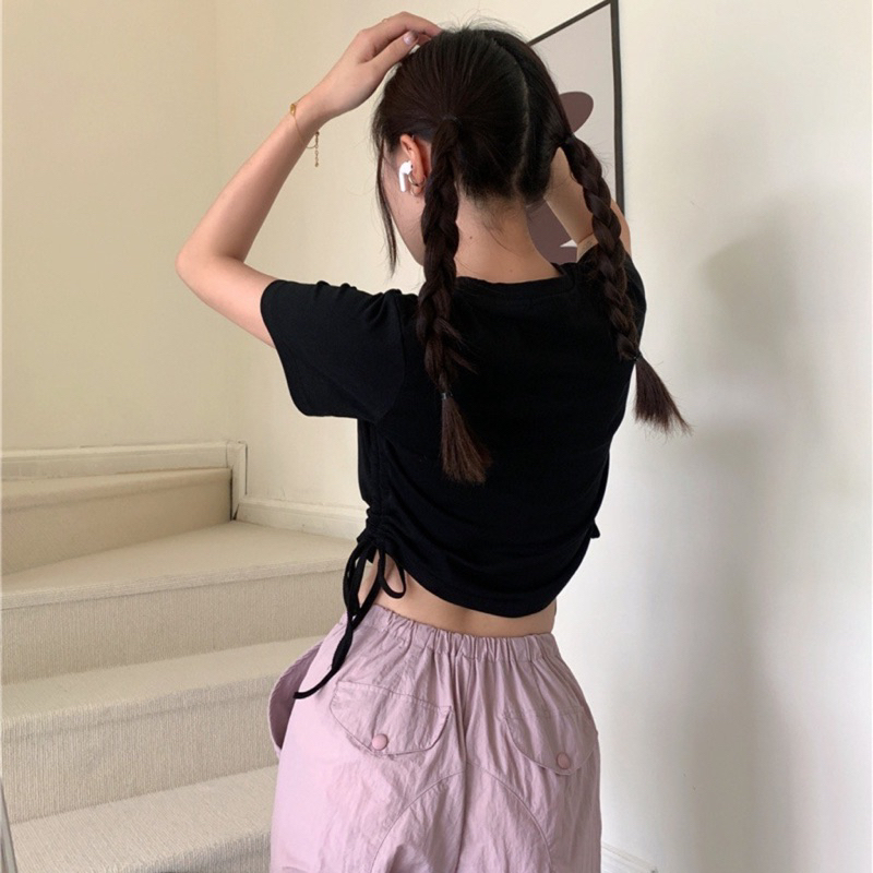 Áo Kiểu Croptop Màu Đen In Hình Hoạ Tiết Thiết Kế Phối Dây Rút Eo Kèm Ảnh Thật