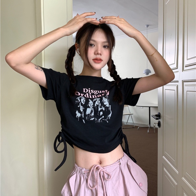 Áo Kiểu Croptop Màu Đen In Hình Hoạ Tiết Thiết Kế Phối Dây Rút Eo Kèm Ảnh Thật