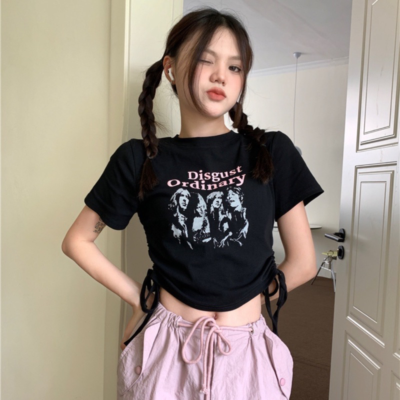 Áo Kiểu Croptop Màu Đen In Hình Hoạ Tiết Thiết Kế Phối Dây Rút Eo Kèm Ảnh Thật
