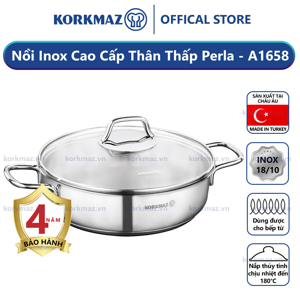 Nồi lẩu inox nấu bếp từ cao cấp thân thấp Korkmaz Perla 3 lít - sản xuất Thổ Nhĩ Kỳ - Ø24x6.5cm - A1658