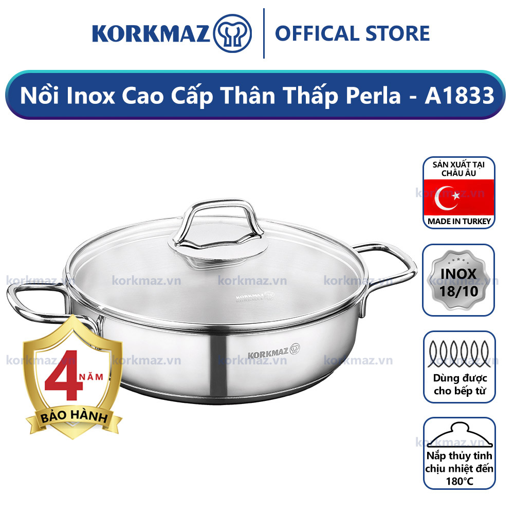 Nồi lẩu inox nấu bếp từ cao cấp Korkmaz Perla 2.3 lít thân thấp - sản xuất Thổ Nhĩ Kỳ - Ø22x6cm - A1833