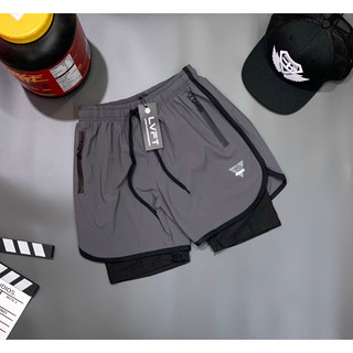 Quần thể thao 2 lớp, chất thun xi dù co giãn nhẹ, form ôm đẹp, logo in nhiệt strong