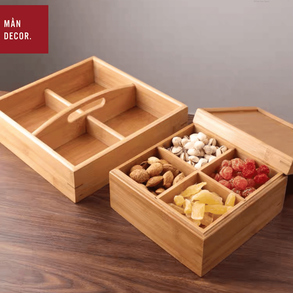 Hộp mứt Tết bằng tre, khay đựng bánh kẹo 4 6 ngăn - Mần Decor