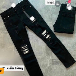 quần bò jean nam dài đen rách vá gối đỏ kiểu mẫu mới đẹp,form vừa vặn chất jean co giãn chuẩn vnxk