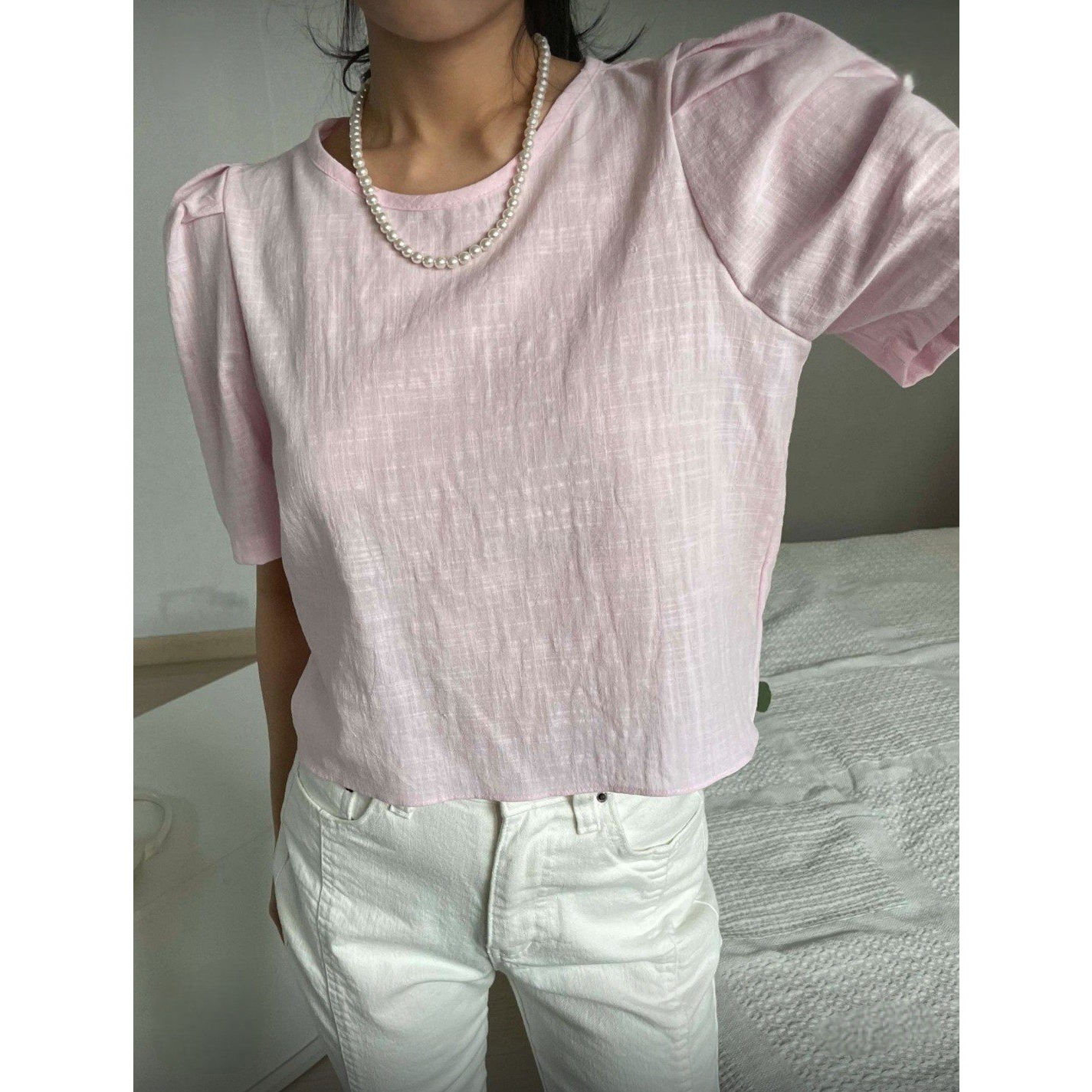 Áo kiểu tay bồng thắt nơ sau xinh xắn tone màu pastel phong cách Hàn Quốc (Made in Korea)