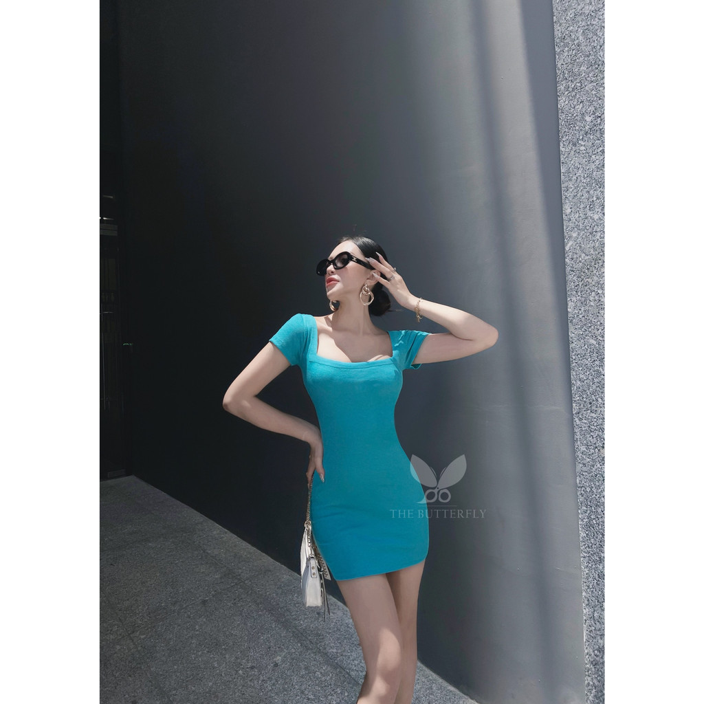 Váy/ Đầm Ôm Body Tay Ngắn - Square Neck Dress Thun Cotton Lụa Gân Tăm Co Giãn 4 Chiều The Butterfly