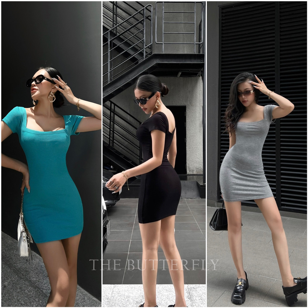 Váy/ Đầm Ôm Body Tay Ngắn - Square Neck Dress Thun Cotton Lụa Gân Tăm Co Giãn 4 Chiều The Butterfly
