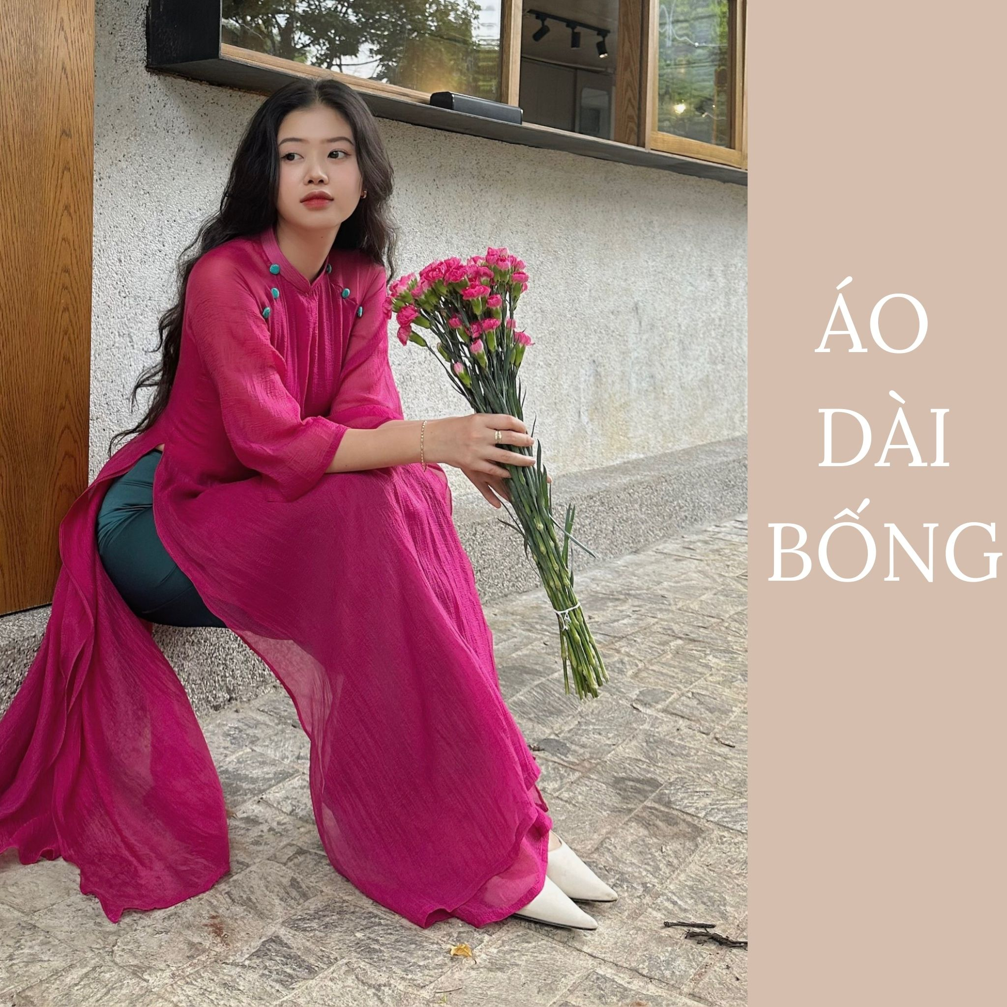 Áo dài hồng bốn tà thiết kế kèm quần lụa ngọc trai ( Áo dài Đỗ Quyên)